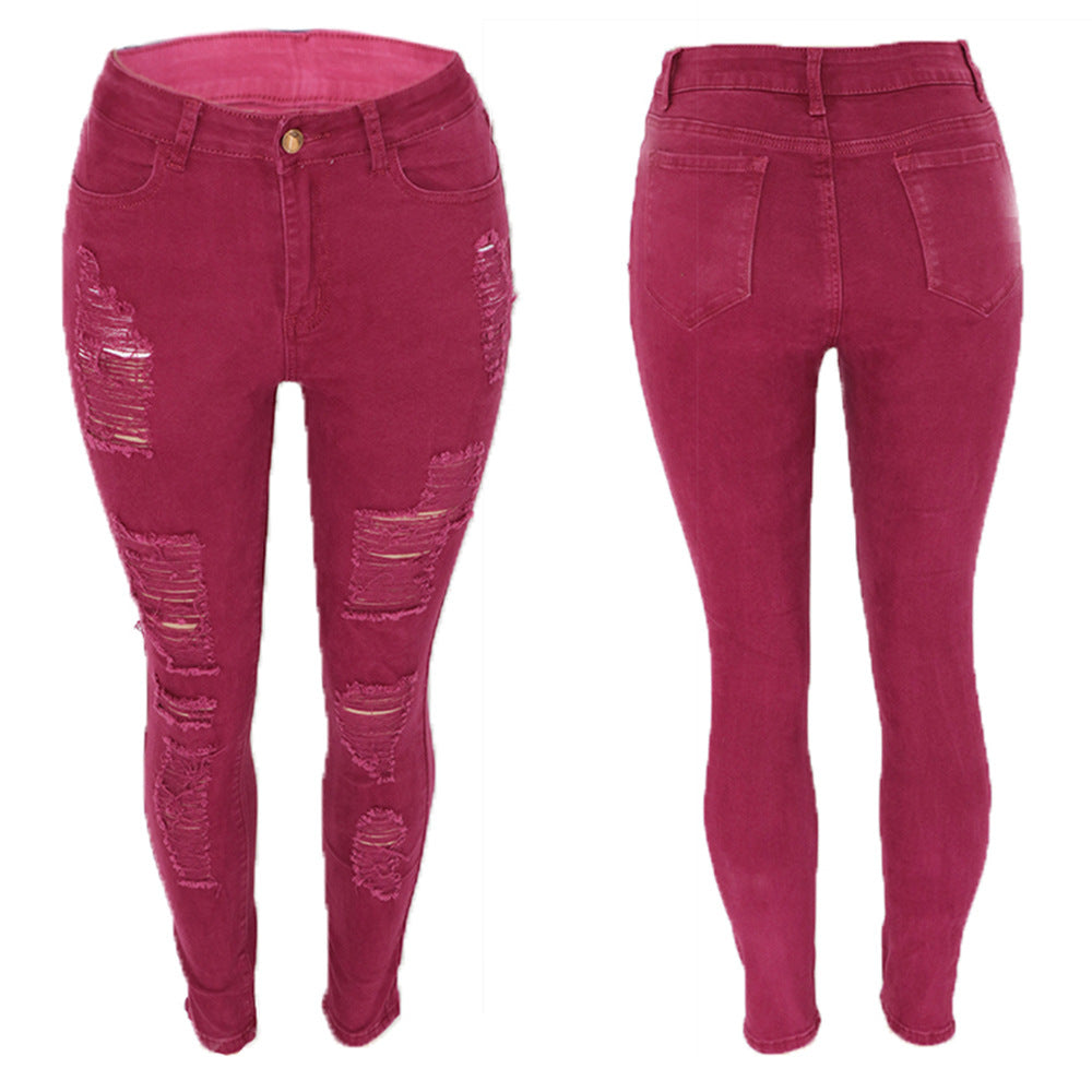 Knee ripped jeans, women's slim fit multi colored small leg pants, European station pants, women's pants, large size