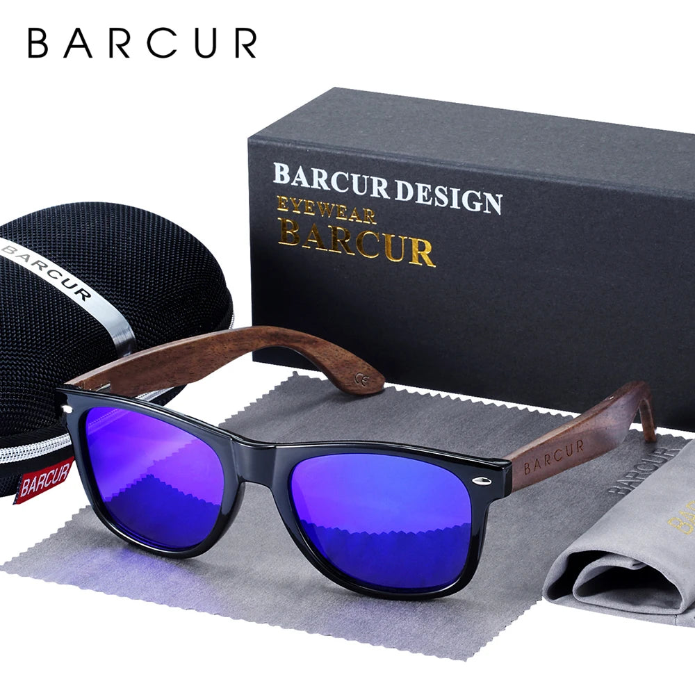 BARCUR Black Walnut Sunglasses Wood Polarized Sunglasses Men Eyewear Wooden