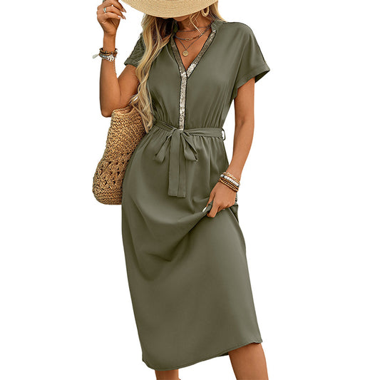 Casual simple and versatile elegant sequin decoration V-neck slim fit dress