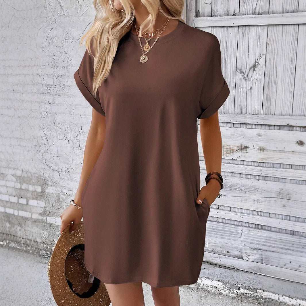 Short sleeved solid color round neck dress with pocket casual dress
