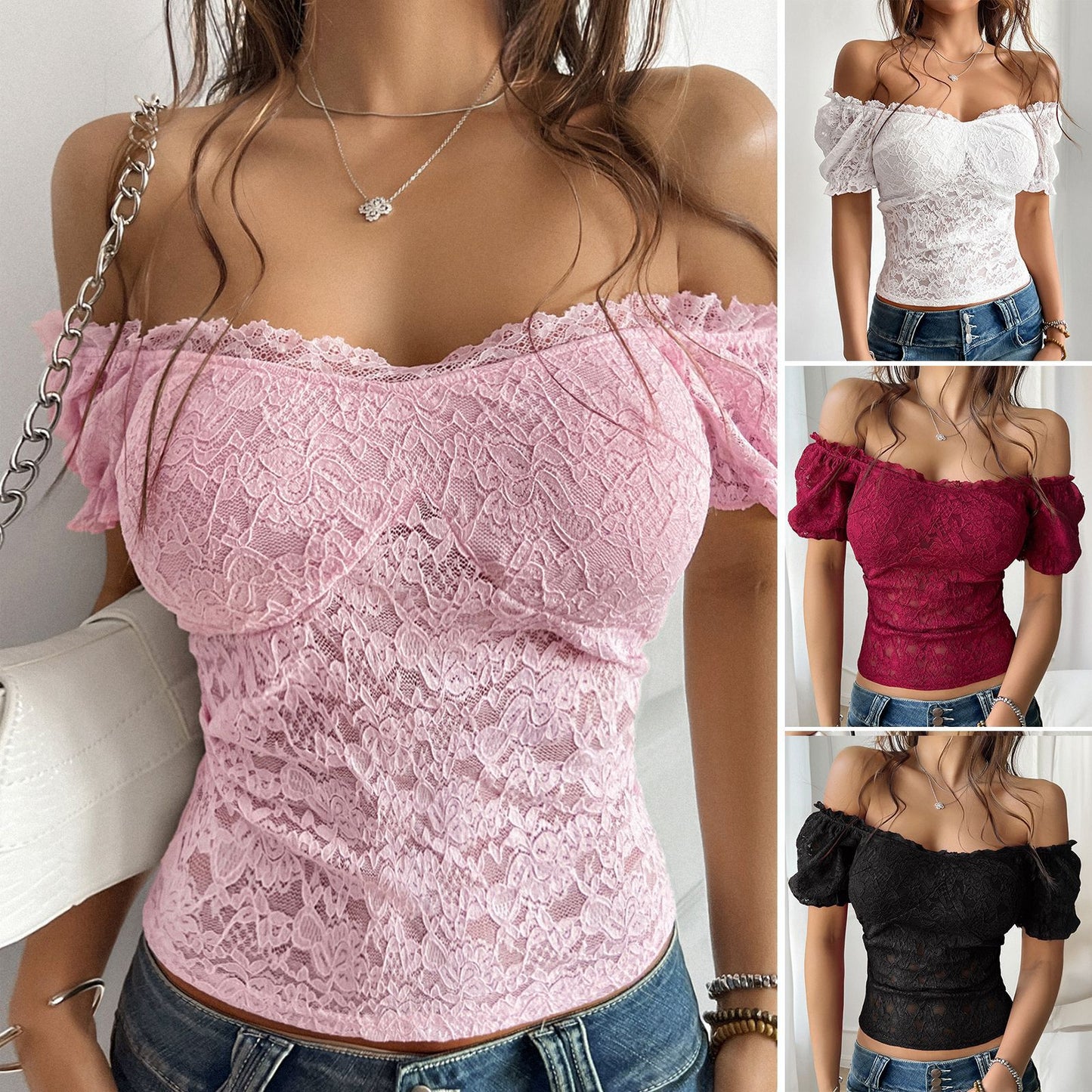 Sexy hollow out navel slimming one shoulder lace top for women's wear