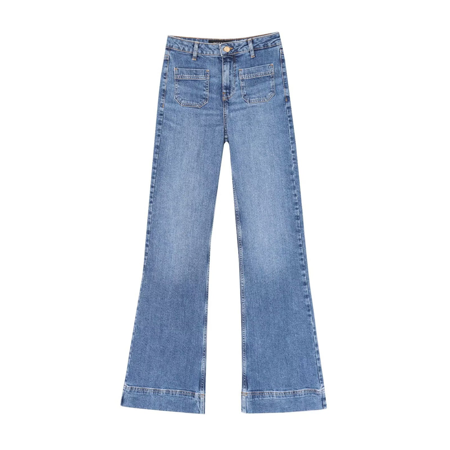 Pocket decoration micro flared denim pants for women