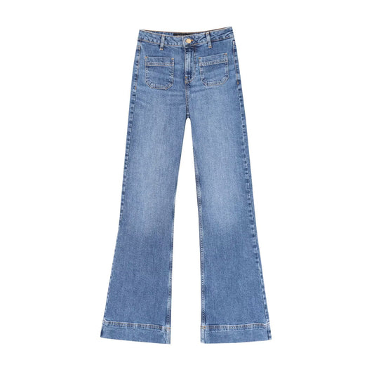 Pocket decoration micro flared denim pants for women