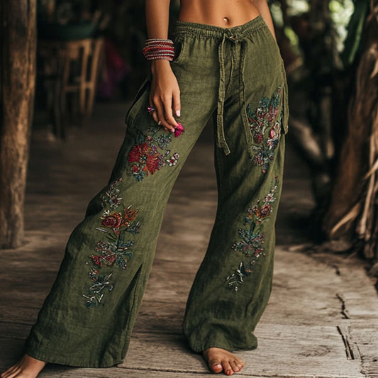 Elegant Style Printed Wide-Leg Pants with Waist Tie, Fashionable Casual Long Trousers