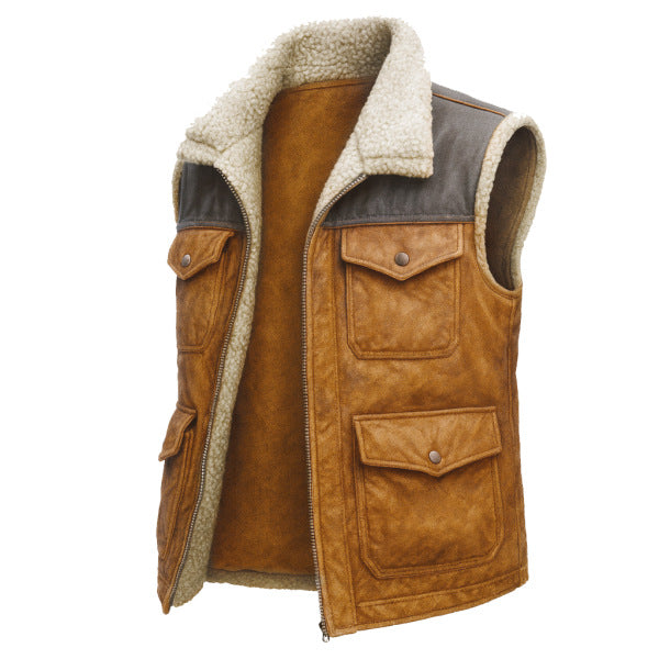 Multi-pocket Patchwork Suede Casual Sleeveless Jacket for Men