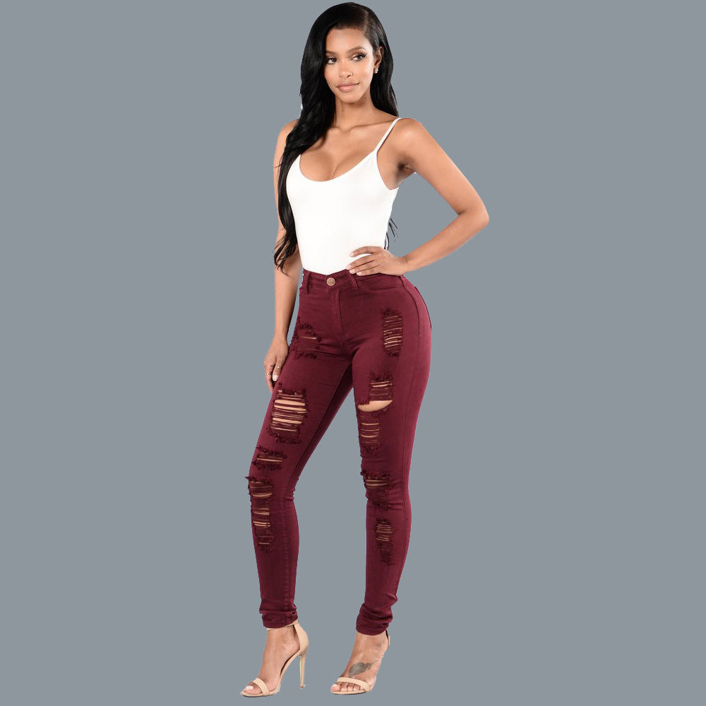 Knee ripped jeans, women's slim fit multi colored small leg pants, European station pants, women's pants, large size