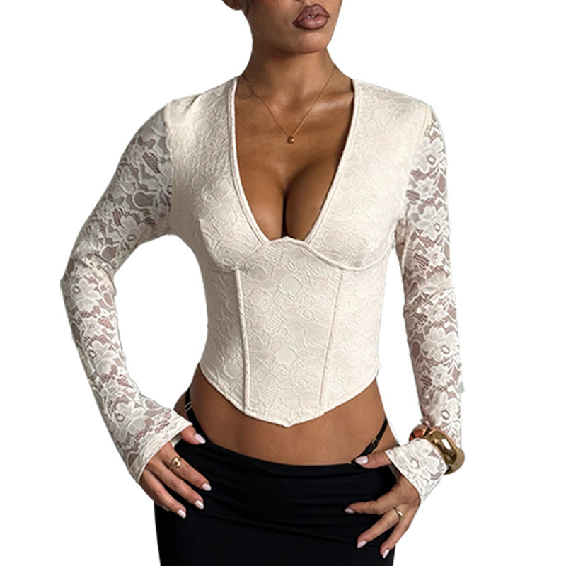 Pure lace slim fit waist cinched long sleeved top