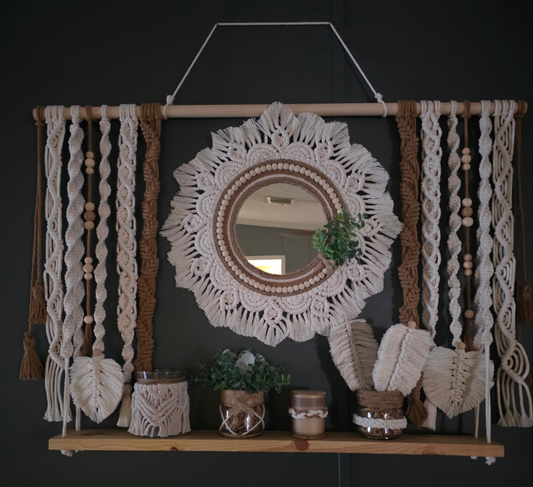 Boho Macramé Wall Hanging with Mirror and Shelf