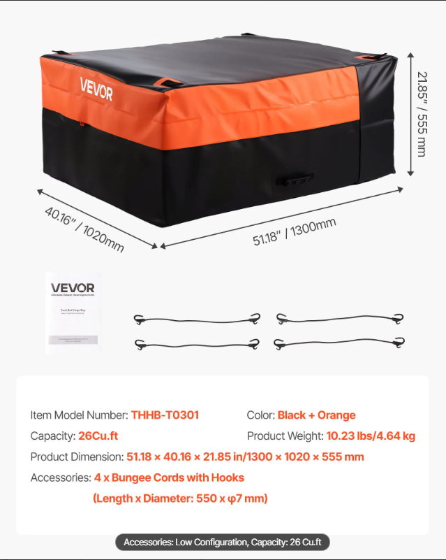 VEVOR Truck Bed Cargo Bag, Waterproof 840D PVC, 51.18 x 40.16 x 21.85 in (26 Cubic Feet), Heavy Duty Cargo Bag for Truck Bed with 4 Bungee Cords with Hooks, Fits a Variety of SUV and Pickup Trucks