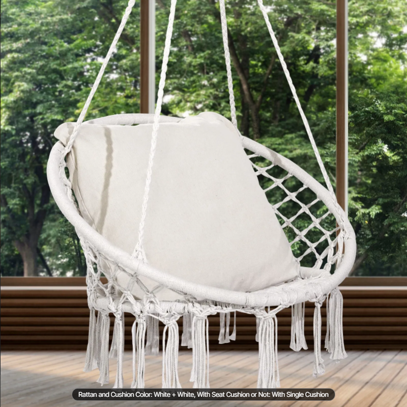 Hanging Hammock Swing Chair, 330 lbs Capacity, Macramé Hanging Chair with Cushion and Mounting Hardware, Cotton Rope Swing Chair for Bedroom, Balcony, Patio, Garden