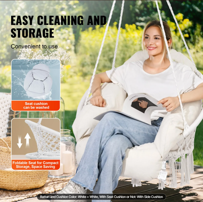 Hanging Hammock Swing Chair, Macramé Hanging Chair with Cushion and Mounting Hardware, Cotton Rope Swing Chair for Bedroom, Balcony, Patio, Garden, 264 lbs Capacity