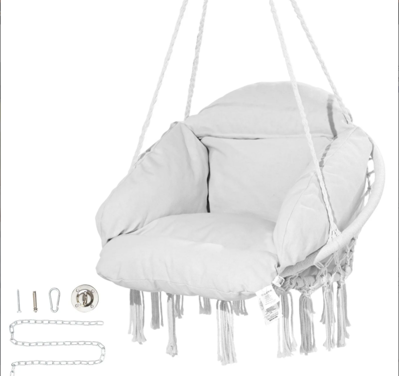 Hanging Hammock Swing Chair, Macramé Hanging Chair with Cushion and Mounting Hardware, Cotton Rope Swing Chair for Bedroom, Balcony, Patio, Garden, 264 lbs Capacity