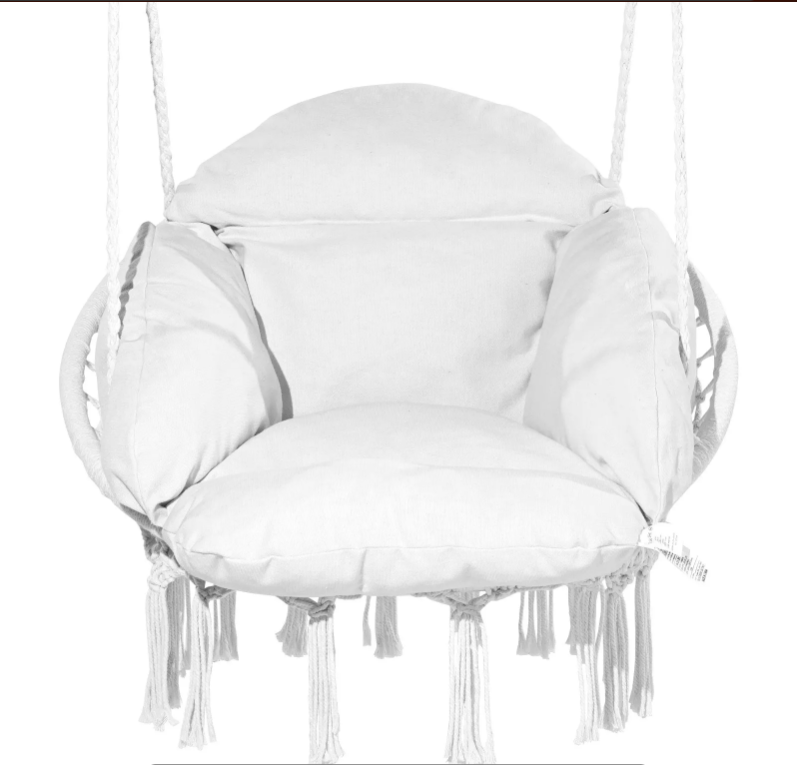 Hanging Hammock Swing Chair, Macramé Hanging Chair with Cushion and Mounting Hardware, Cotton Rope Swing Chair for Bedroom, Balcony, Patio, Garden, 264 lbs Capacity