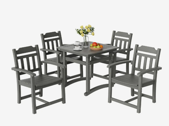 5 Pieces Patio Dining Set, Outdoor Square Furniture Table and Chairs, All Weather Garden Furniture Table Sets, HIPS Small Patio Conversation Set, For Lawn, Deck, Backyard, Poolside, Light Gray