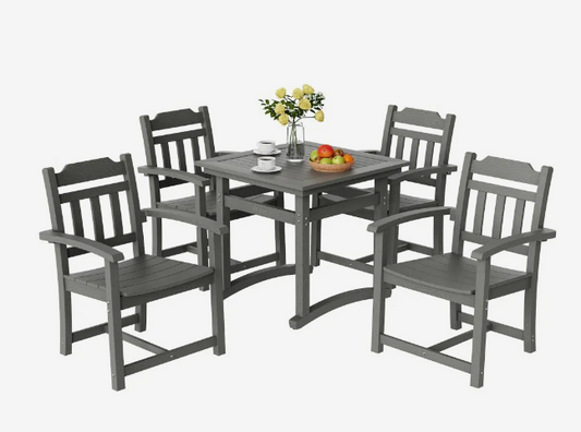 5 Pieces Patio Dining Set, Outdoor Square Furniture Table and Chairs, All Weather Garden Furniture Table Sets, HIPS Small Patio Conversation Set, For Lawn, Deck, Backyard, Poolside, Light Gray
