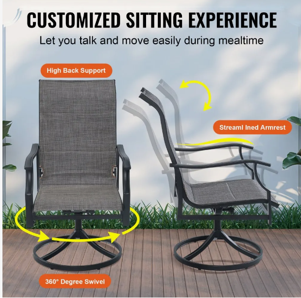 5 Pieces Patio Dining Set, Outdoor Furniture Table and Swivel Chairs Set, All Weather Garden Furniture Table Sets, Iron Patio Conversation Set with Umbrella Hole, For Lawn, Deck, Backyard