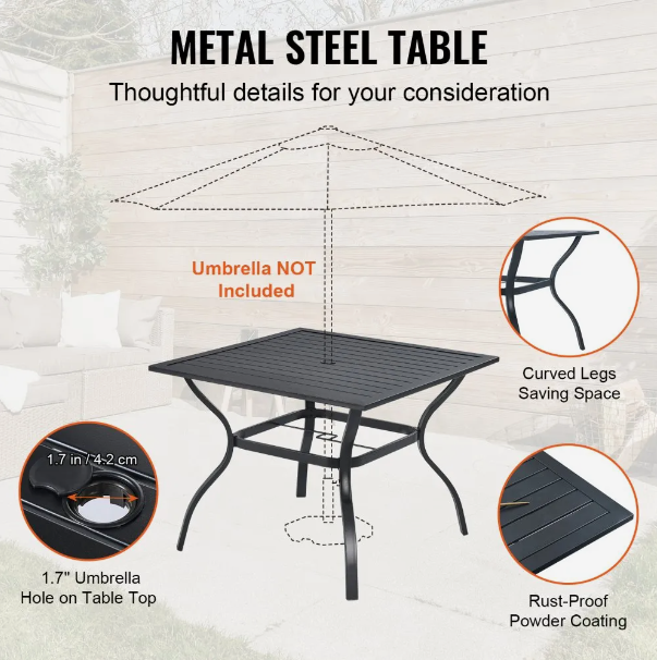 5 Pieces Patio Dining Set, Outdoor Furniture Table and Swivel Chairs Set, All Weather Garden Furniture Table Sets, Iron Patio Conversation Set with Umbrella Hole, For Lawn, Deck, Backyard