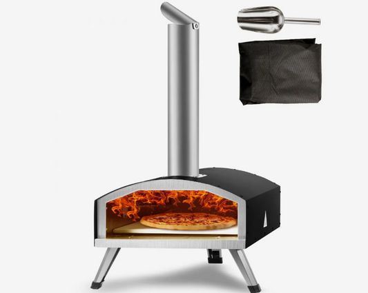 Outdoor Oven 12-inch Pellet and Charcoal Fired Maker, Portable Outside Stainless Steel Grill with Pizza Stone, Waterproof Cover, Shovel, Wood Burner for Backyard Camping