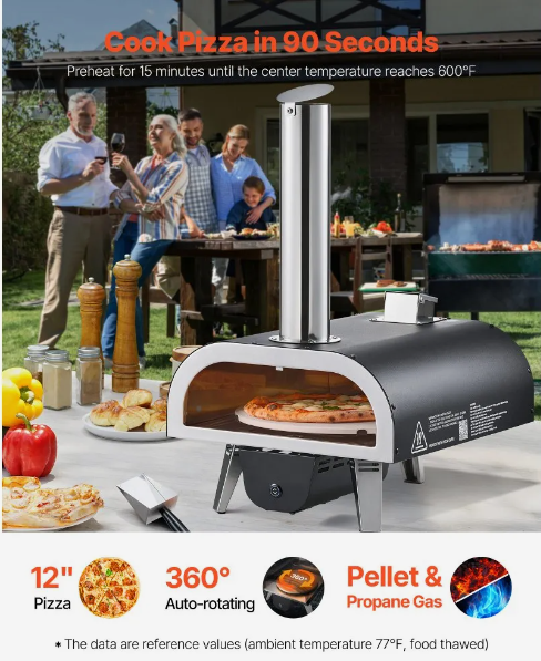 Dual Fuel Pizza Oven Outdoor, 12 in Wood Fire & Propane Gas Pizza Oven, Pellet & Propane Pizza-Maker with Thermometer, Iron Spray Electric Rotation Pizza-Cook for Outside Camping & Backyard