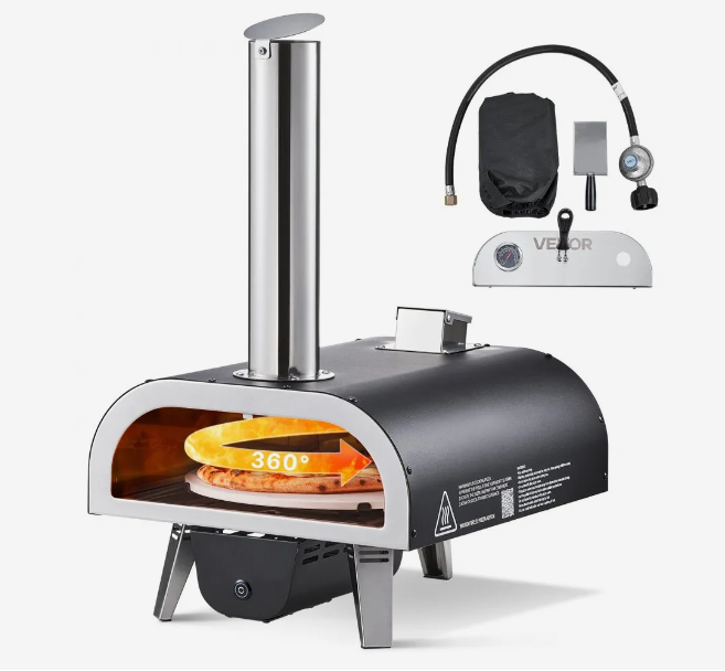 Dual Fuel Pizza Oven Outdoor, 12 in Wood Fire & Propane Gas Pizza Oven, Pellet & Propane Pizza-Maker with Thermometer, Iron Spray Electric Rotation Pizza-Cook for Outside Camping & Backyard
