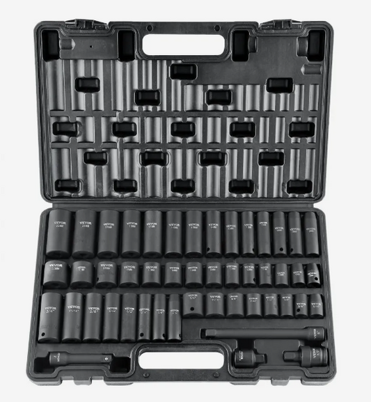 3/8" Drive Impact Socket Set, 48 Piece Socket Set SAE （5/16" -3/4"） & Metric （8-22mm）6 Point Cr-V Drive Extension Bar Universal Joint & Power Drill Adapter Includes Storage Case