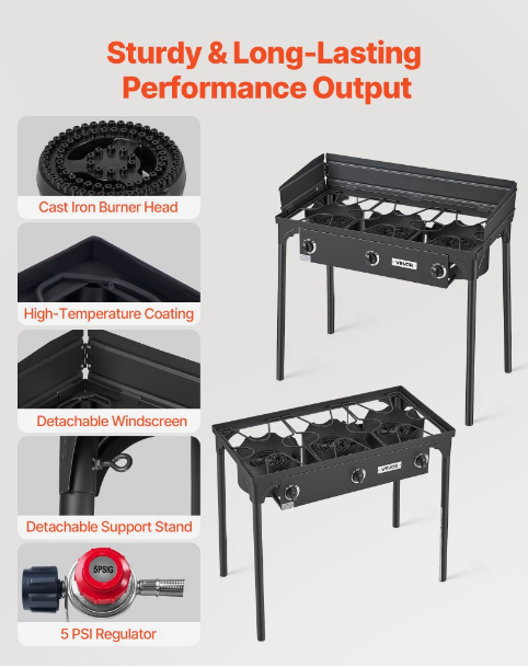 3 Burner Outdoor Propane Gas Stove, 225,000 BTU Propane LPG Gas Camping Stove, Heavy-duty Carbon Steel Outdoor Cooker, with Shield & Tall Stand & Regulator, for BBQ Camp Home Patio Backyard