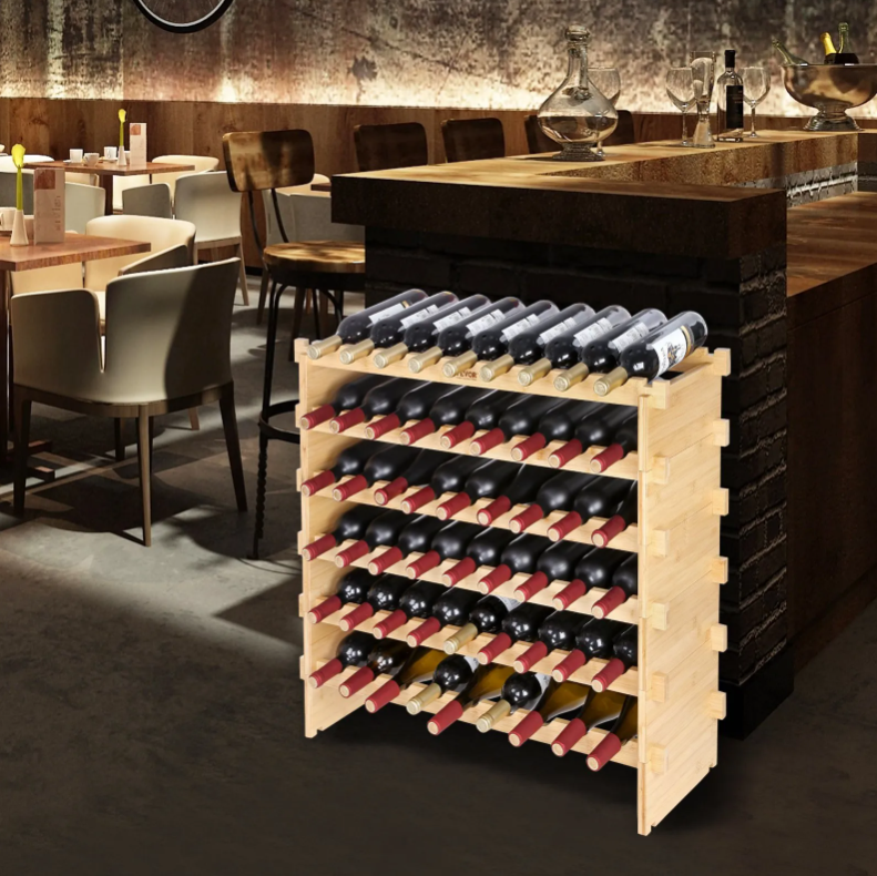 72 Bottle Stackable Modular Wine Rack, 8-Tier Solid Bamboo Wood Storage Racks, Floor Freestanding Wines Holder Display Shelf, Wobble-Free Shelves for Kitchen, Bar, and Cellar (Natural Color)