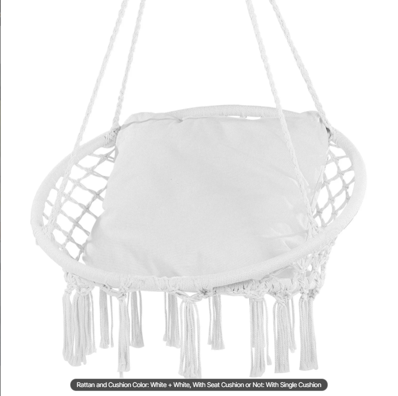Hanging Hammock Swing Chair, 330 lbs Capacity, Macramé Hanging Chair with Cushion and Mounting Hardware, Cotton Rope Swing Chair for Bedroom, Balcony, Patio, Garden