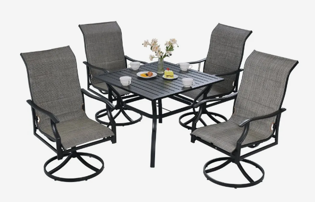 5 Pieces Patio Dining Set, Outdoor Furniture Table and Swivel Chairs Set, All Weather Garden Furniture Table Sets, Iron Patio Conversation Set with Umbrella Hole, For Lawn, Deck, Backyard