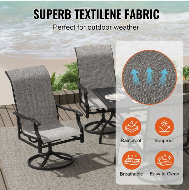 5 Pieces Patio Dining Set, Outdoor Furniture Table and Swivel Chairs Set, All Weather Garden Furniture Table Sets, Iron Patio Conversation Set with Umbrella Hole, For Lawn, Deck, Backyard