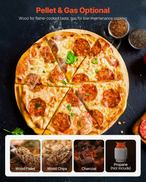Dual Fuel Pizza Oven Outdoor, 12 in Wood Fire & Propane Gas Pizza Oven, Pellet & Propane Pizza-Maker with Thermometer, Iron Spray Electric Rotation Pizza-Cook for Outside Camping & Backyard