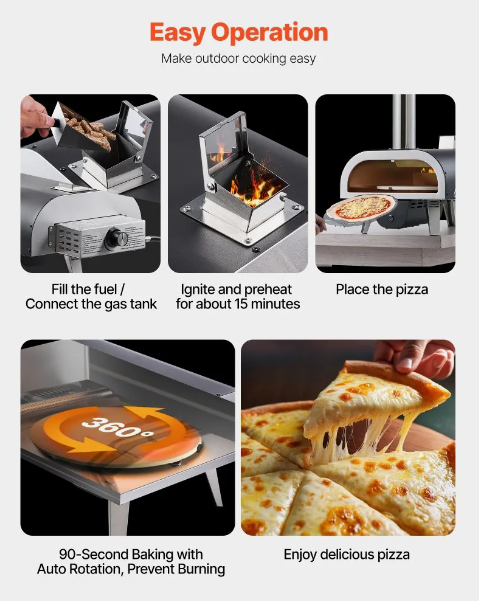Dual Fuel Pizza Oven Outdoor, 12 in Wood Fire & Propane Gas Pizza Oven, Pellet & Propane Pizza-Maker with Thermometer, Iron Spray Electric Rotation Pizza-Cook for Outside Camping & Backyard