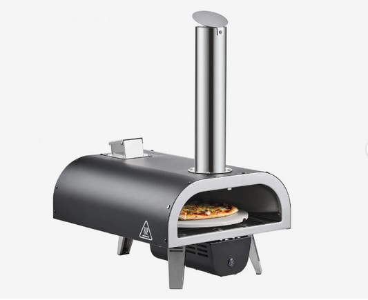 Dual Fuel Pizza Oven Outdoor, 12 in Wood Fire & Propane Gas Pizza Oven, Pellet & Propane Pizza-Maker with Thermometer, Iron Spray Electric Rotation Pizza-Cook for Outside Camping & Backyard