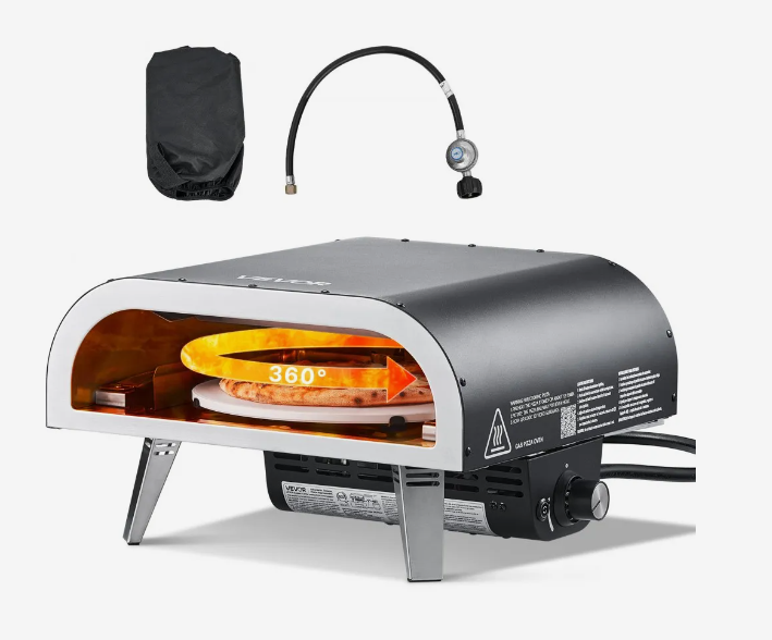Dual Fuel Pizza Oven Outdoor, 12 in Wood Fire & Propane Gas Pizza Oven, Pellet & Propane Pizza-Maker with Thermometer, Iron Spray Electric Rotation Pizza-Cook for Outside Camping & Backyard