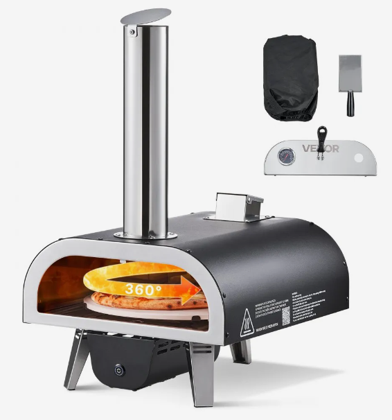 Dual Fuel Pizza Oven Outdoor, 12 in Wood Fire & Propane Gas Pizza Oven, Pellet & Propane Pizza-Maker with Thermometer, Iron Spray Electric Rotation Pizza-Cook for Outside Camping & Backyard