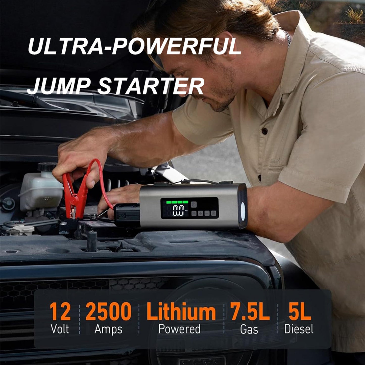 Jump Starter With Air Compressor And Air Pump, 2500A Battery Jump Starter With 150PSI Tire Inflator, Up To 7.5L Gas   5.0L Diesel Engine, 2 LED Screen For Car Tires, Air Mattress, Inflatables