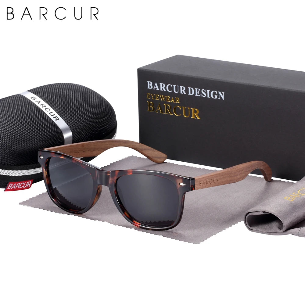 BARCUR Black Walnut Sunglasses Wood Polarized Sunglasses Men Eyewear Wooden