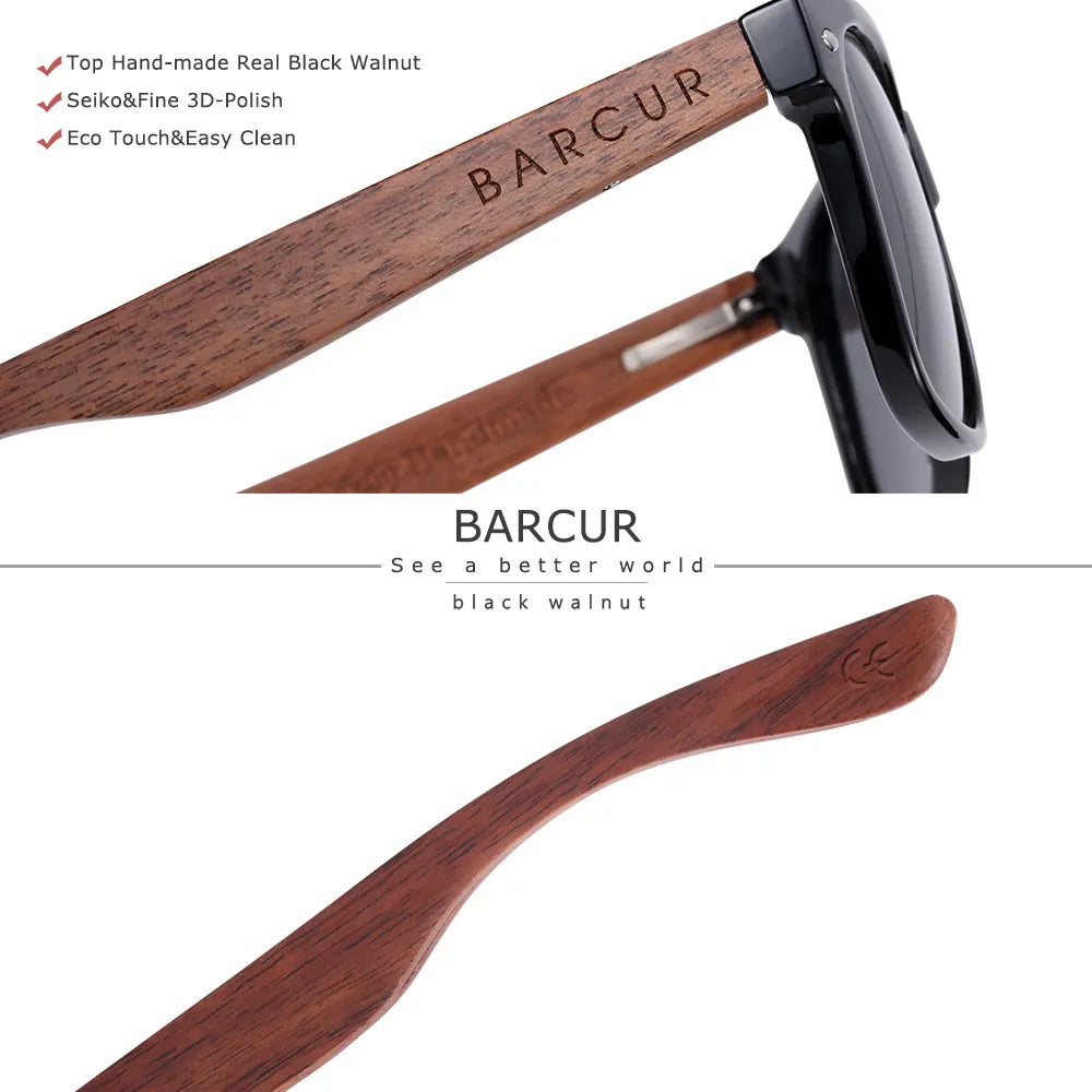 BARCUR Black Walnut Sunglasses Wood Polarized Sunglasses Men Eyewear Wooden