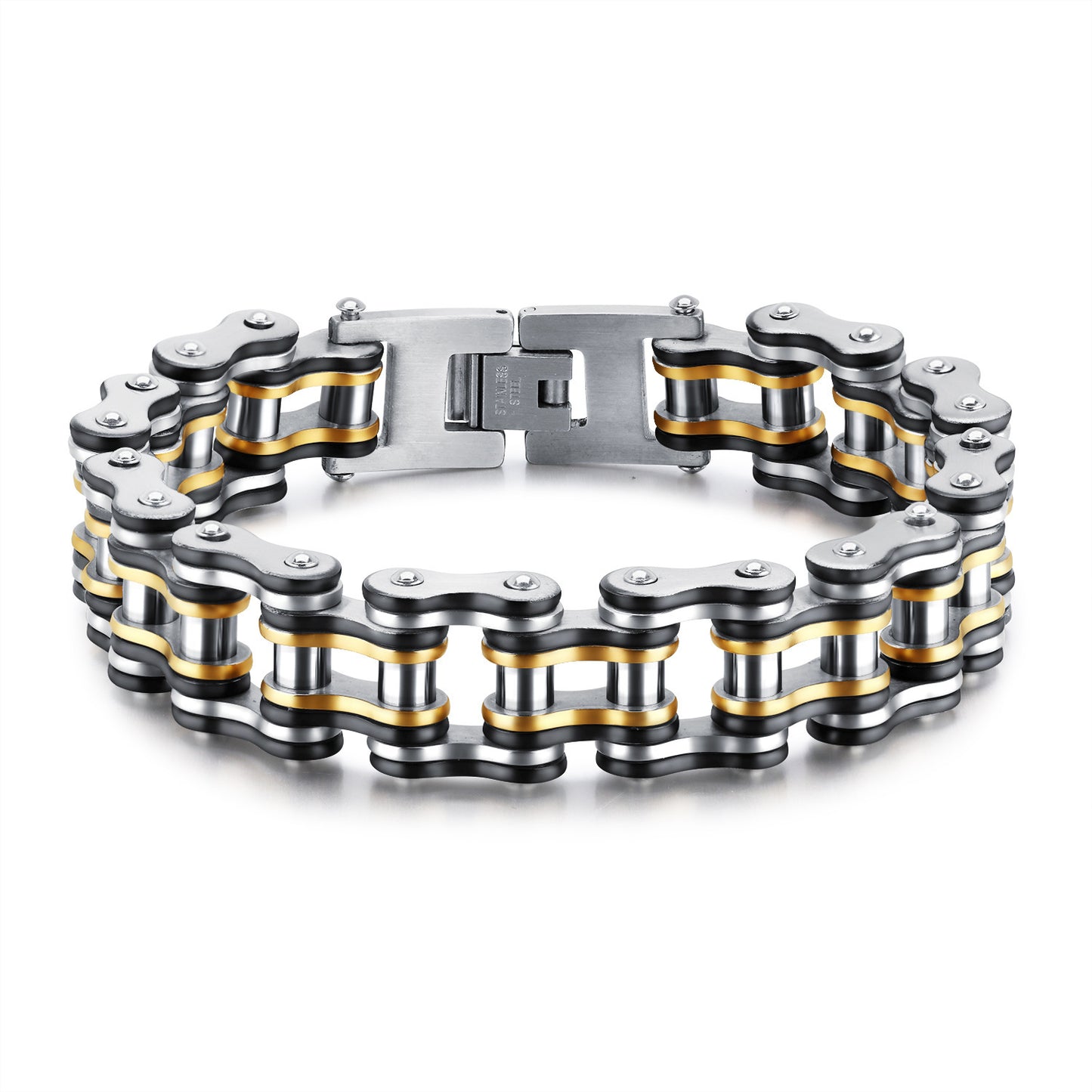 Stainless Steel Black And Gold Bicycle Bracelet