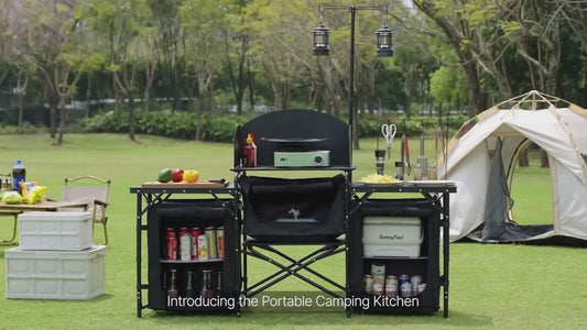 Camping Kitchen Table, Outdoor Camp Cooking Table, Aluminum Portable Cook Station with 3 Storage Cupboard, Carrying Bag, Detachable Windscreen, Quick Set-up for BBQ Party P icnic RV Travel, Black