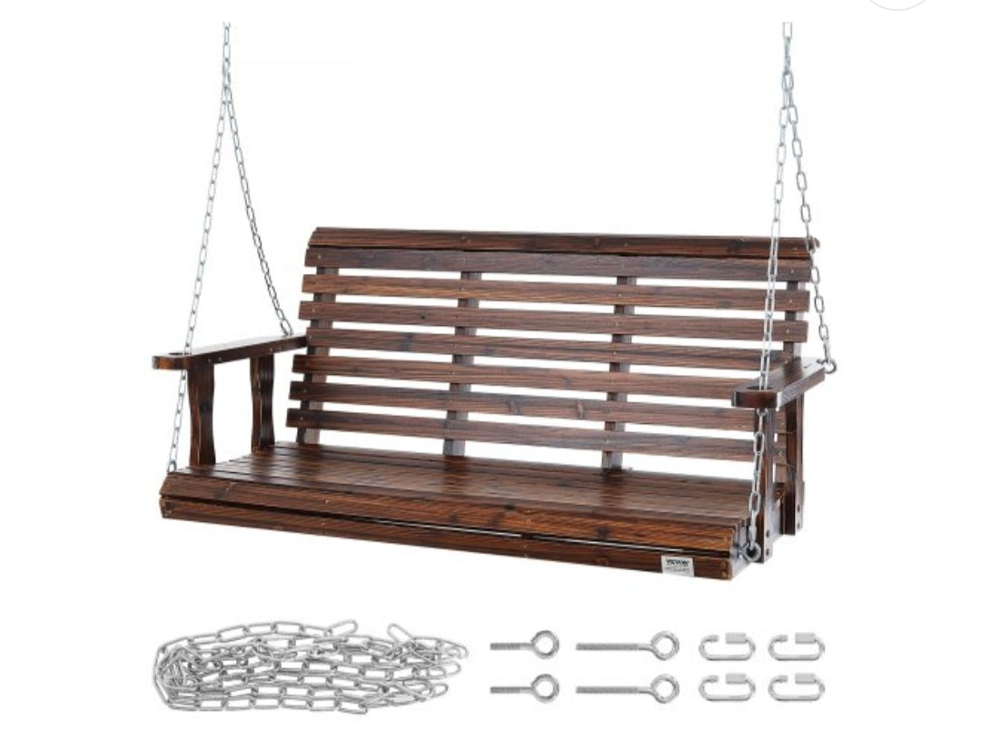 Wooden Porch Swing 4.5 ft, Patio bench swing for Courtyard & Garden, Upgraded 880 lbs Strong Load Capacity, Heavy Duty Swing Chair Bench with Hanging Chains for Outdoors, Carbonized Brown