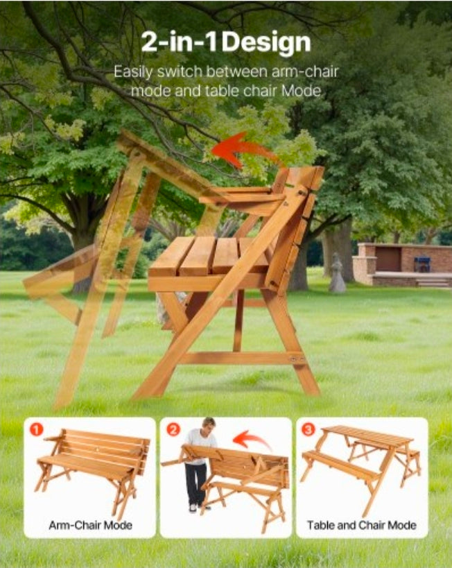 2-in-1 Transforming Interchangeable Picnic Table, Outdoor Wooden Table and Bench Set, Portable Foldable Bench with Umbrella Hole, Patio Dining Furniture for Garden, Backyard, Porch (Brown)