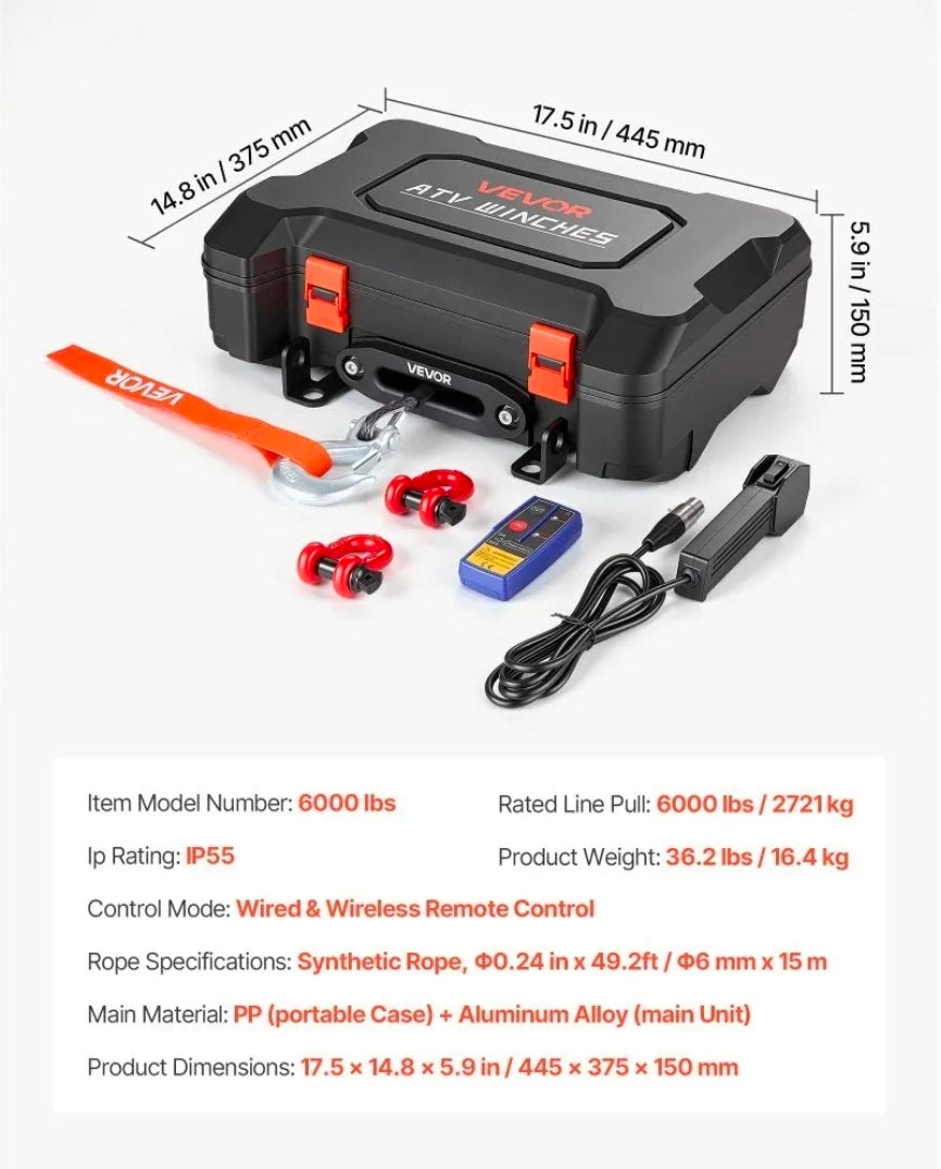 Portable Winch, 6000 lbs 12V DC Electric Winch with Synthetic Rope, Wireless & Wired Remotes, Box-Style Recovery Kit with Fairlead, Clevis Hook, Strap for ATV UTV Off-Road Outdoor Pulling Tasks