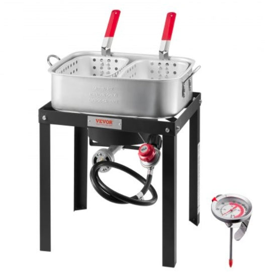 18 Qt Fish and Wing Fryer with Double Basket, Aluminum Propane Fish Fryer Kit, Outdoor Deep Fryer Seafood Pot with Thermometer and 58,000 BTUs Propane Burners, for Outdoor and Backyard Cooking