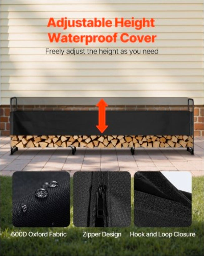 Firewood Rack with Waterproof Cover, 150 x 14 x 46 in Outdoor Firewood Holder, 660lb Weight Capacity, 1/2 Cord Log Holder, Half-Covered, Powder-coated Wood Storage Rack for Fireplace Deck