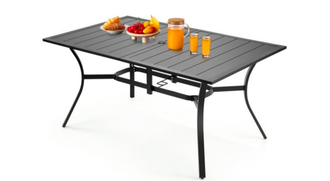 Outdoor Patio Dining Table, 59 inch Long Rectangular Metal Steel Slat Backyard Bistro Tables for 4-6, with 1.5 in Umbrella Hole, All-Weather Large Furniture for Lawn Garden Porch, Black or Brown Wood Grain