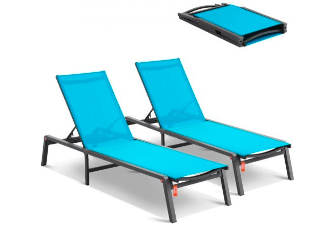 Chaise Lounge Chairs Outdoor, Aluminum Patio Lounge Chairs with Adjustable 5-Position, Folding Pool Lounge Chairs Recliner and Full Flat Tanning Chairs for Patio, Beach, Pool,2 pcs