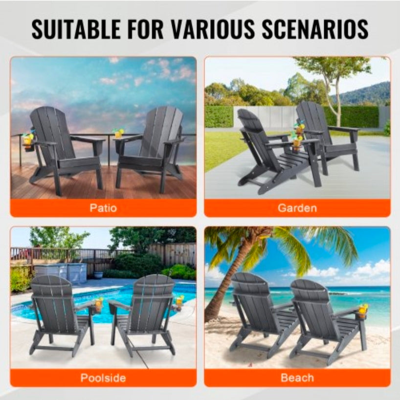 Adirondack Chair Plastic, Set of 2 All-Weather Portable Folding Fire Pit Chair, Outdoor Adirondack Patio Chair with Cup Holder, with Relaxing Arm Rest Ergonomic, for Garden, Backyard
