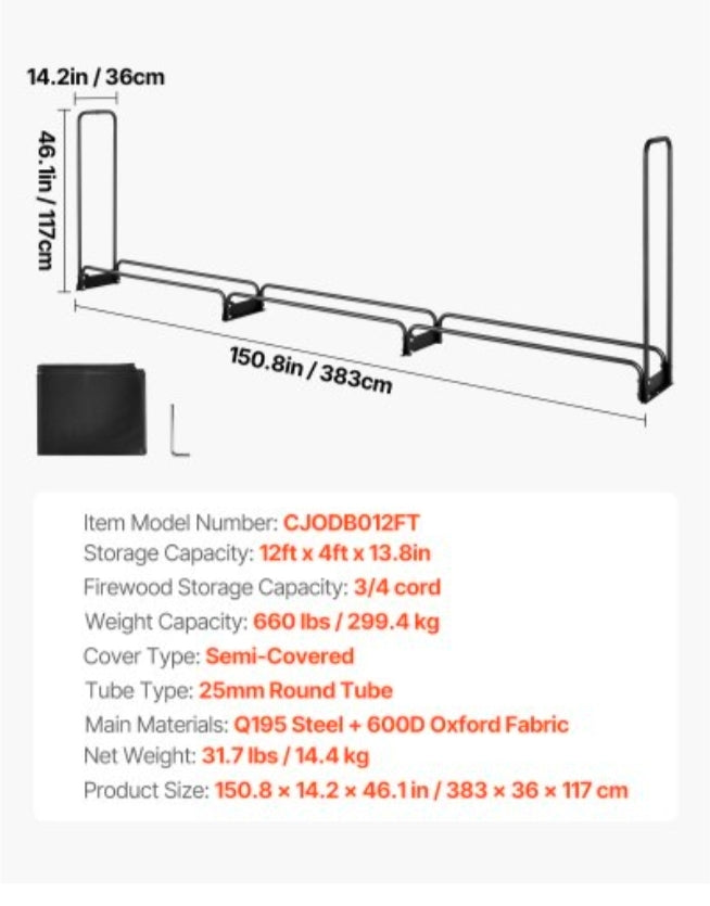 Firewood Rack with Waterproof Cover, 150 x 14 x 46 in Outdoor Firewood Holder, 660lb Weight Capacity, 1/2 Cord Log Holder, Half-Covered, Powder-coated Wood Storage Rack for Fireplace Deck