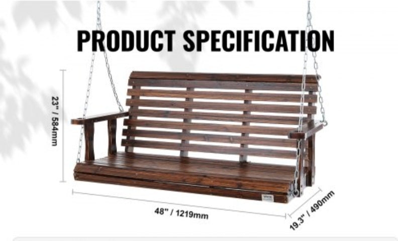 Wooden Porch Swing 4.5 ft, Patio bench swing for Courtyard & Garden, Upgraded 880 lbs Strong Load Capacity, Heavy Duty Swing Chair Bench with Hanging Chains for Outdoors, Carbonized Brown